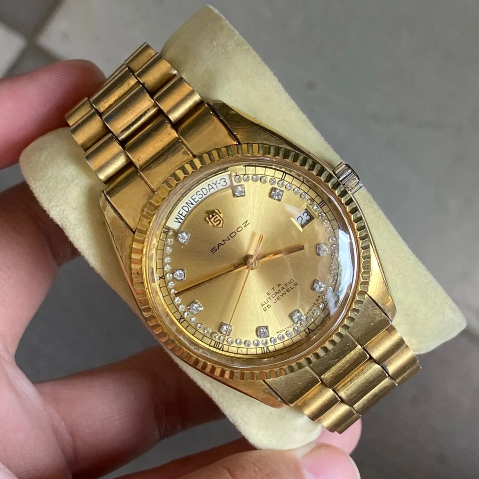 RARO Reloj Sandoz President Automático Índice Diamante Día Fecha Oro Hecho en Suiza Foto 3 de 4