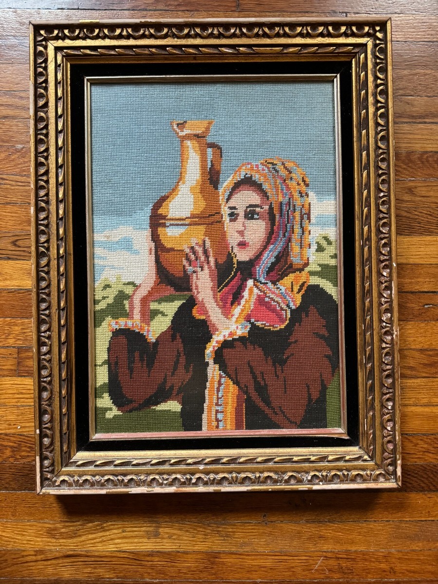 Rare Old Vintage Needlepoint Tapestry Wall Art Textile~Bibles