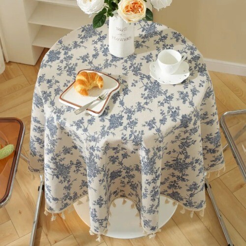 Floral Linen Cotton Tablecloth Pastoral Floral Rustic Washable Round Table Cover - Bild 21 von 35