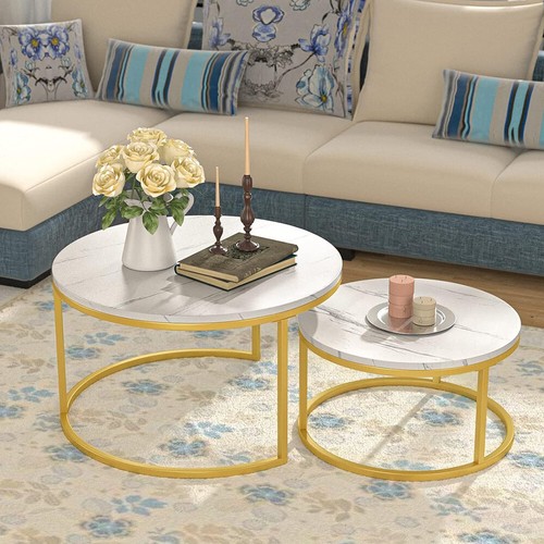Set of Coffee Table Round Marble Nesting Side End Wooden Round Table Furniture - Picture 8 of 12