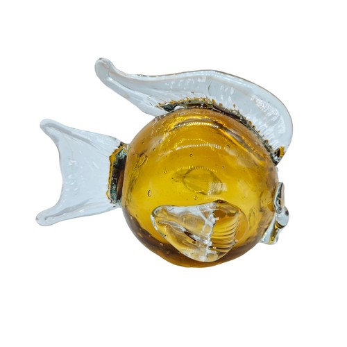 MURANO STYLE ART GLASS AMBER 6" PUFFER FISH SCULPTURE PAPERWEIGHT HAND BLOWN - Picture 2 of 12