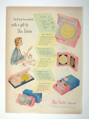 Max Factor Hollywood 1953 Vintage Print Ad Creme Puff Compact Makeup AD
