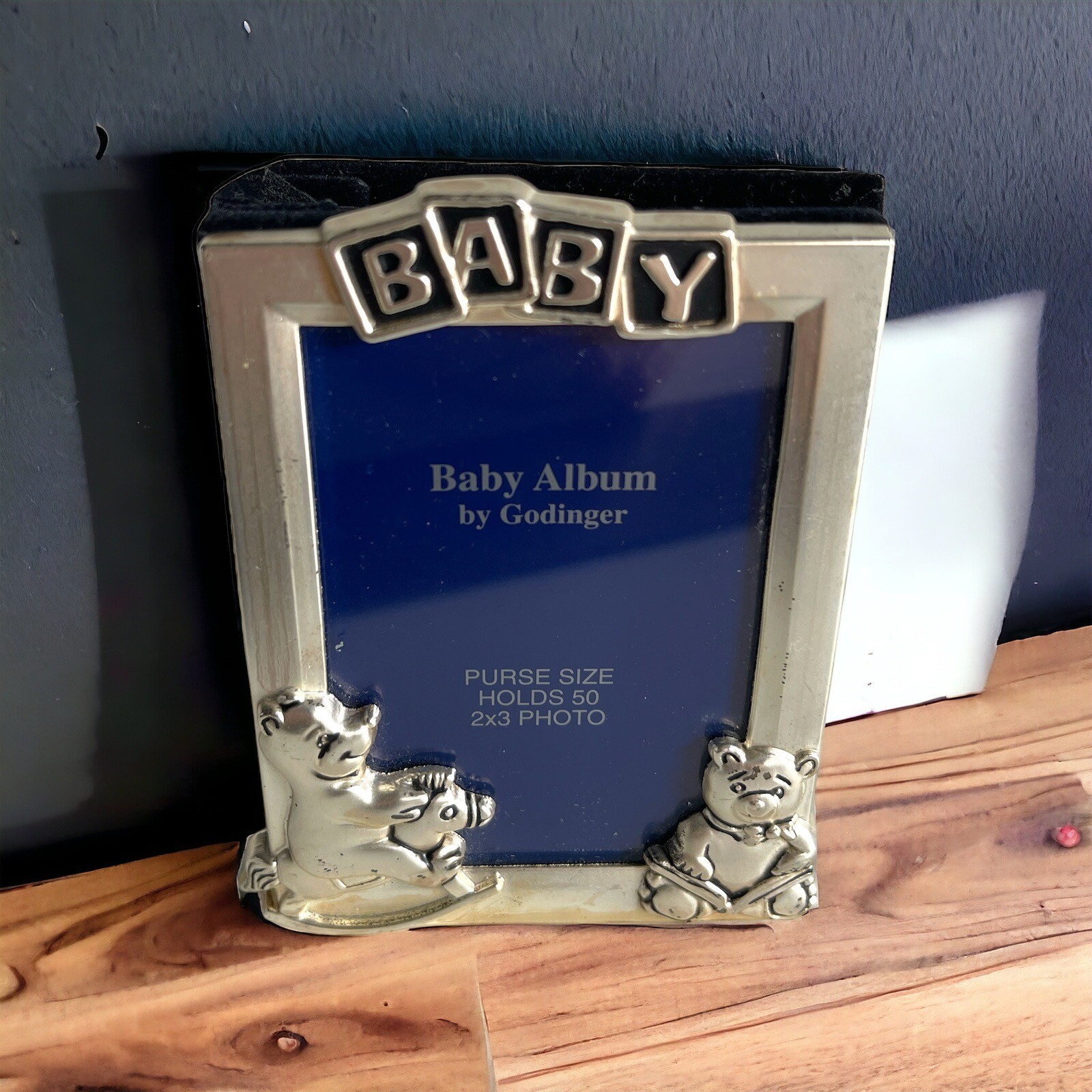 Godinger Silver Plated Satin Baby Photo Album with Bear Charm Holds 55 Pictures-image