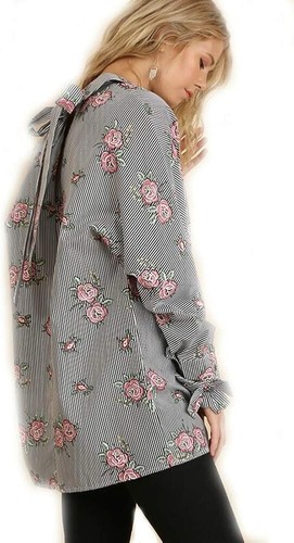 Umgee Striped and Floral Print Button Up Blouse with Back Drawstrings NWT size S - Picture 17 of 17