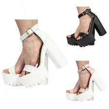 WOMENS LADIES ANKLE STRAP PLATFORM HIGH HEEL CLEATED SANDALS SHOES SIZE 3-8