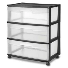 3 Drawer Wide Plastic Storage Cart with Clear Pull-Out Drawers, Black