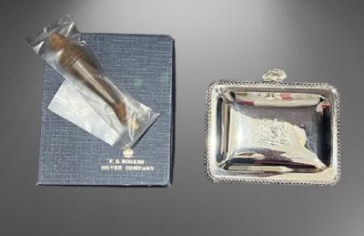 cigarette butler Vintage NEW F.B. Rogers F-920 Etched Shield Silver Plate CIGARETTE BUTLER  *MINT*