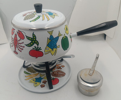 Rare Vtg Mid Century Enamel Fondue Pot Set San Ignacio Lobster Fish Veggies