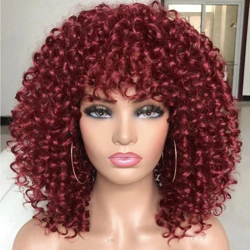Peluca afro rizada con flequillo pelucas rizadas cortas para mujeres negras cabello negro nueva Foto 4 de 4