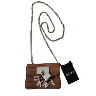 DKNY Elissa Micro Mini Bag Brown Crocodile Crossbody with Gold Chain Strap