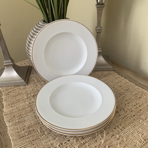SET OF 4 Pottery Barn Salad DessertPlates White Gold Rim Trim 7.5" Made in Japan - Picture 1 of 9