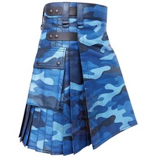 Men  s Blue Camo Leather Utility Kilt   Tactical Gothic Utility Style Men In Kilt