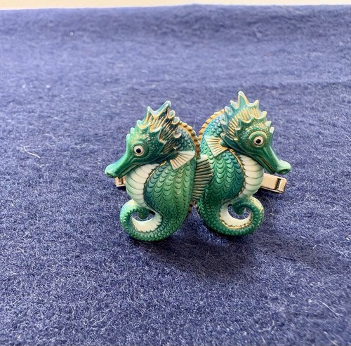 Set of 2 Toshikane Arita Enamel Porcelain Seahorse Earrings 1950 Signed WOW