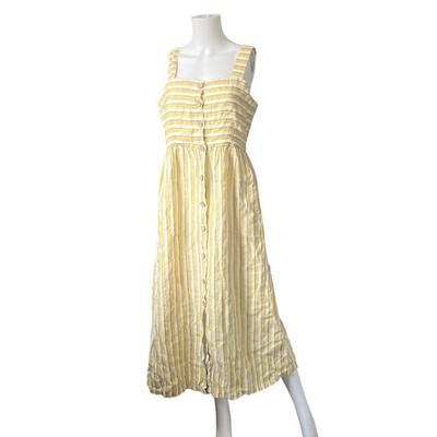 Rachel Zoe Linen Midi Dress Yellow White Stripes Button Front Beach Size 6