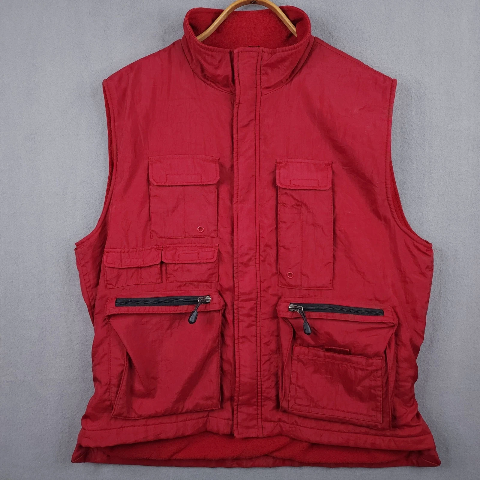 GAP Utility Vest Mens Large Red Gorpcore Fleece Lined Multi Pocket Full Zip