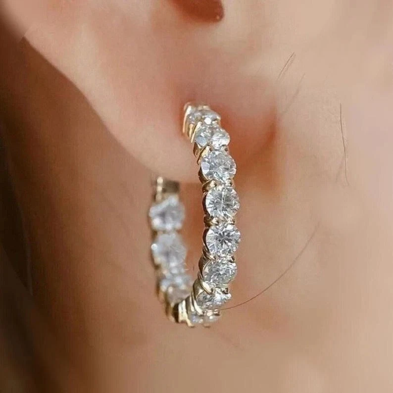 Pendientes de aro de moissanita de 2,87 quilates de oro amarillo sólido de 14 quilates excelente corte redondo Foto 2 de 4