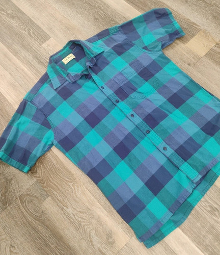 Vintage LL Bean Hemd Herren große Knopfleiste blau türkis kariert cool gewebt hergestellt in den USA