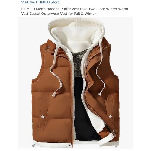 FTIMILD Mens Hooded Puffer Vest Fake Two Piece Layered Quilted Winter Vest Brown - product listing photo