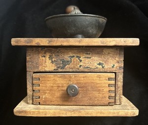 Antique Manual Coffee Grinder Cast Iron Hand Crank Dovetailed Wood Box Drawer