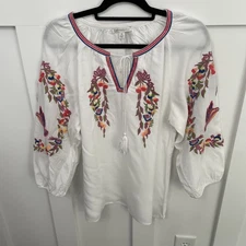 Women’s CATO Long Sleeve blouse-XL-White W/Colorful Embroidery- Deep V Neck