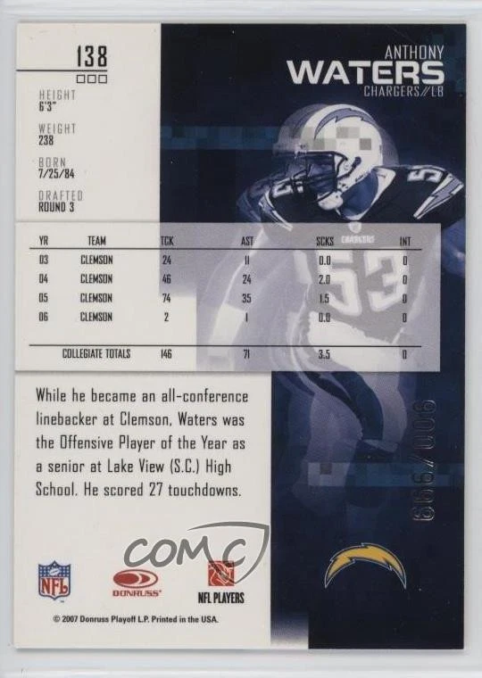 2007 Leaf Rookies & Stars Rookie /999 Anthony Waters #138 RC - Image 2 of 2