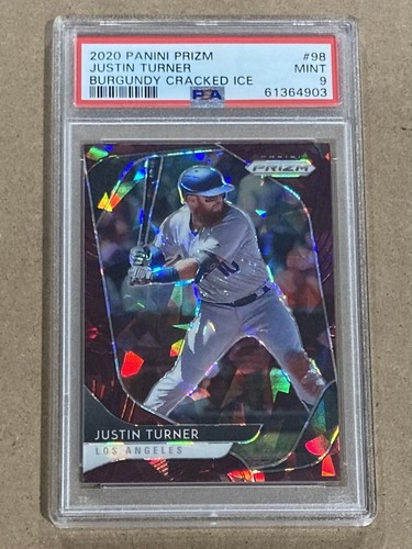 2020 Panini Prizm #98 Justin Turner PSA 9 Mint Burgundy Cracked Ice Prizm /25