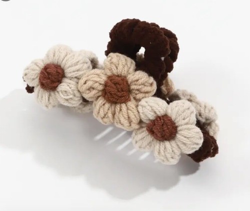 Brown Ivory Floral Knit Hair Accessory Ponytail Bun Up Do Hair Claw Jaw Strong - Picture 2 of 4