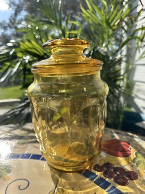 VTG Glass Amber Gold Fall Apothecary JAR CANISTER Lid Oval Bubble Anchor Hocking