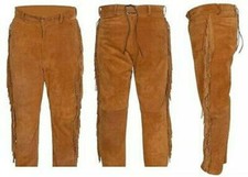 Men Native American Western Cowboy Leather Pants Full Leg Fringe Suede Leather