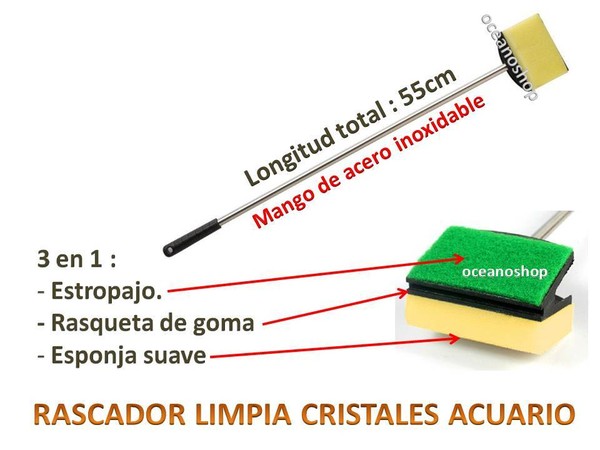 RASCADOR 55cm LIMPIA CRISTALES  y algas ACUARIO mango ACERO INOXIDABLE pecera