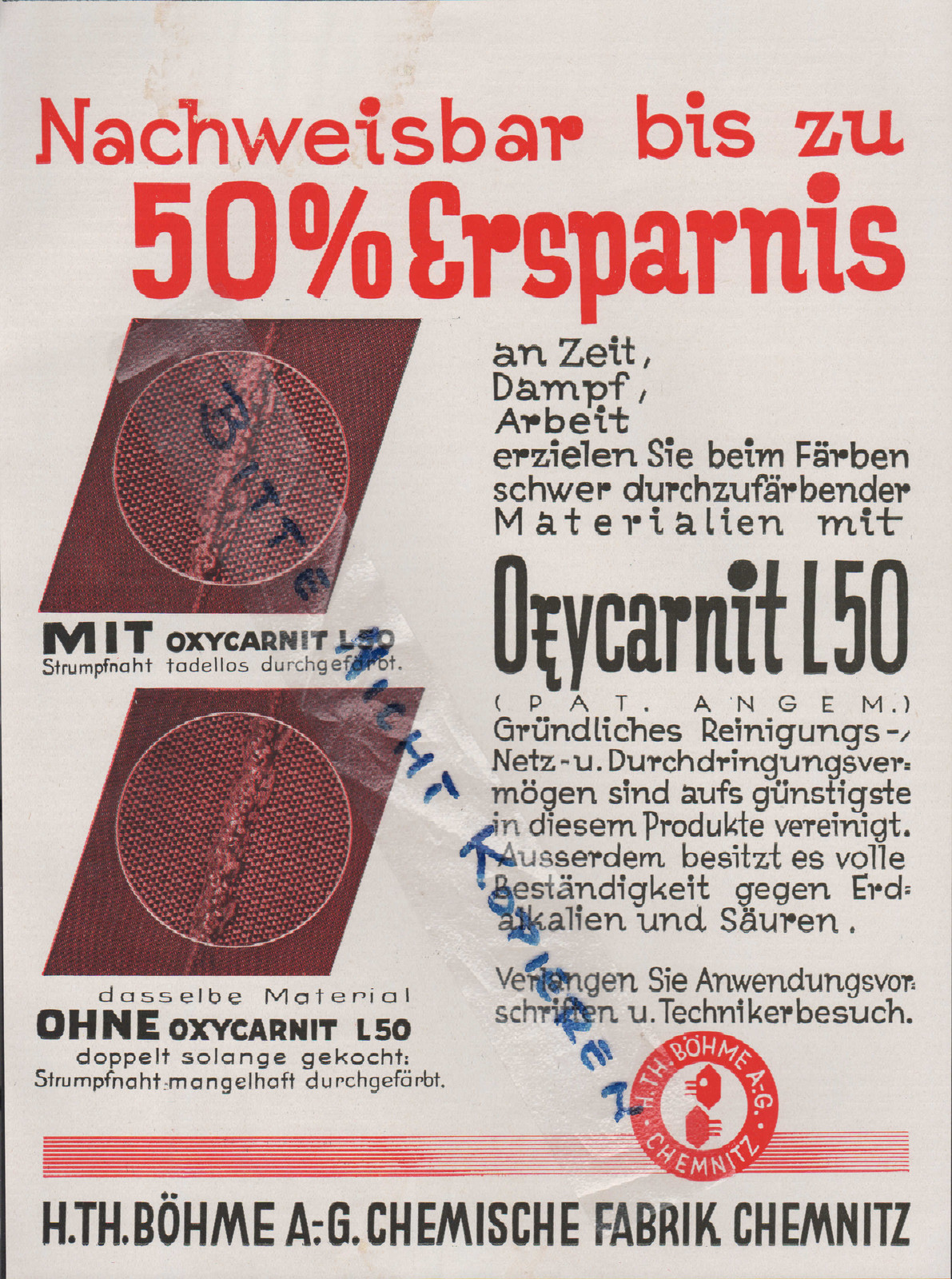 CHEMNITZ, Werbung 1931, H. T. H. Böhme AG Chemische Fabrik