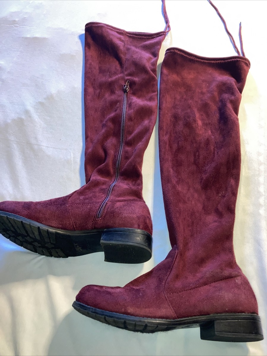 Bamboo Women Over The Knee Boots Burgundy Round Toe Low Heel Zip