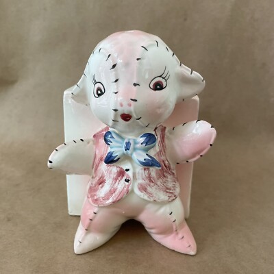 Vintage HF Co. MCM Japanese Ceramic Lamb Nursery Planter Blue Pink Hand Painted