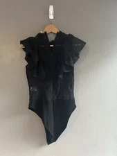 San Joy Black Lace Bodysuit With Ruffle Cuffs Size S NWTs