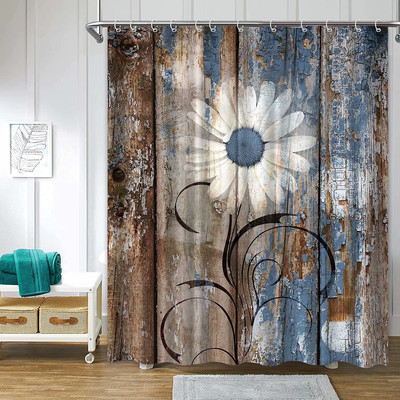 Rustic Daisy Shower Curtains, Blue Brown Floral Farmhouse Shower Curtains for Ba