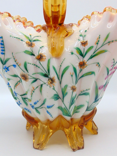 Antique Victorian Harrach Hand Painted Enamel Floral Embossed Glass Basket Vase - Picture 8 of 22