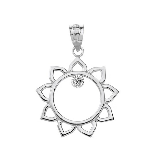 Solid Gold Yellow White Rose Diamond Sunflower Outline Openwork Pendant Necklace - Picture 9 of 19