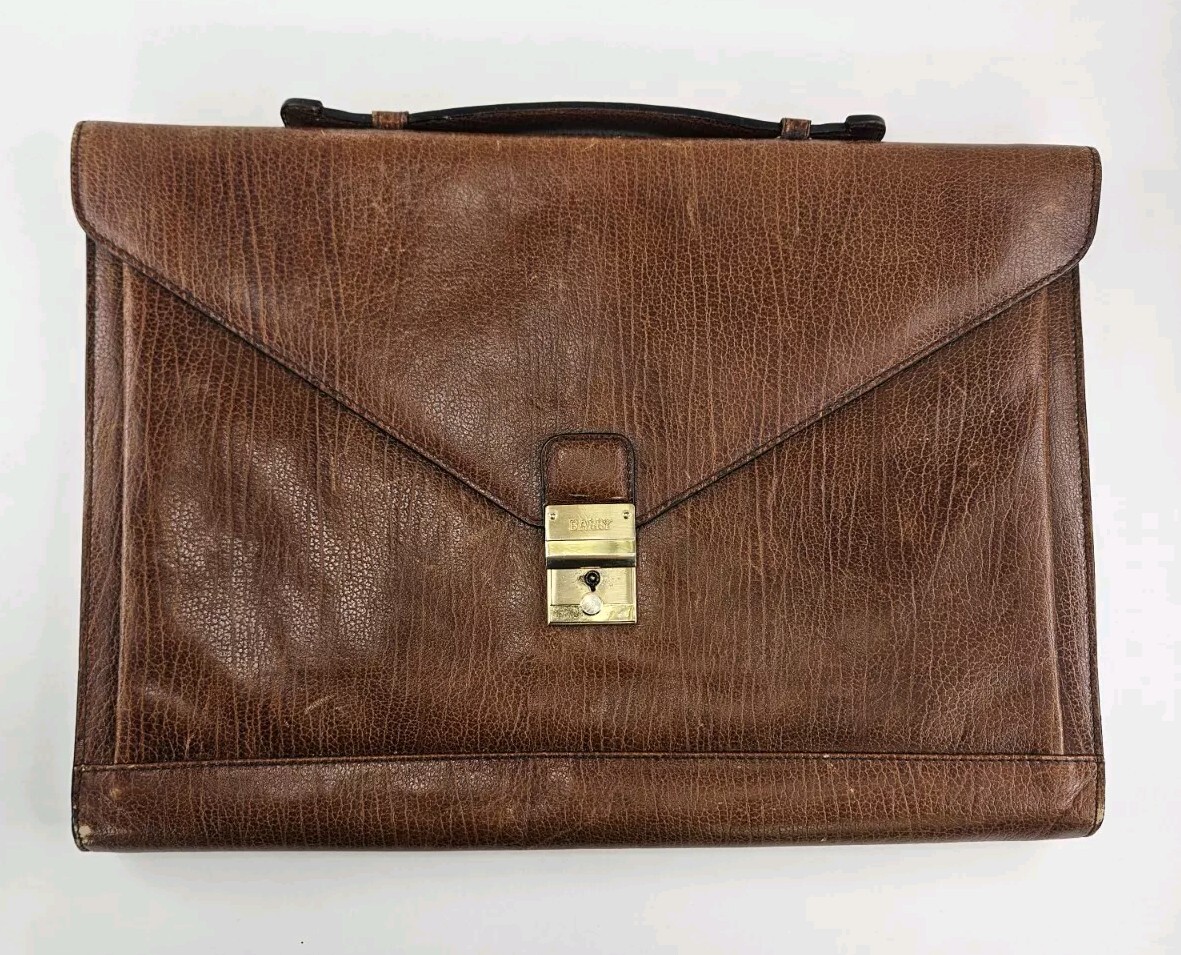 Authentic BALLY Mens Brown Leather Briefcase Business Bag w/ Key Envelope  Italy