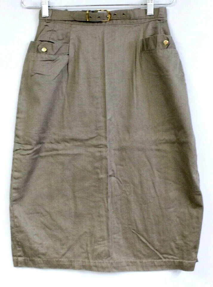 Falda lápiz de algodón topo de colección de los años 50 espalda metal cremallera cinturón plisado para mujer S 28W Foto 2 de 4