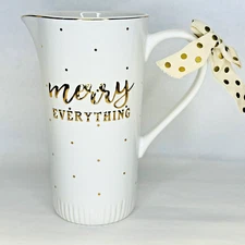 Mud Pie Merry Everything Pitcher Christmas Holiday Home Decor White Gold 9" Tall