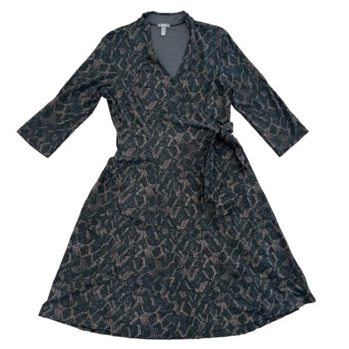 J Jill Neutral Gray Brown Geometric Wrap Dress Tie Stretch Office Size M Petite - Picture 3 of 6