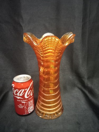 IMPERIAL RIPPLE MID SIZE MARIGOLD IRIDESCENT CARNIVAL GLASS VASE 3 7/8 " BASE - Picture 7 of 11