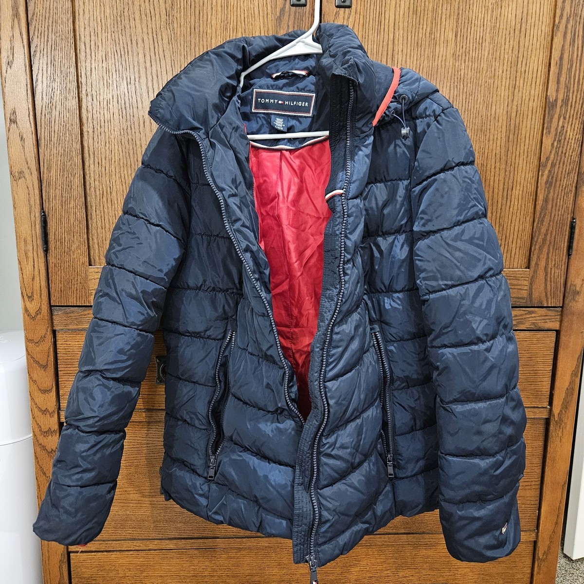 Tommy Hilfiger Navy Blue Red Quilted Puffer Jacket Hooded Full Zip 