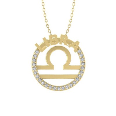 14k Yellow Gold 0.1Ct Diamond Libra Zodiac Necklace 18'' Silver Cable Chain