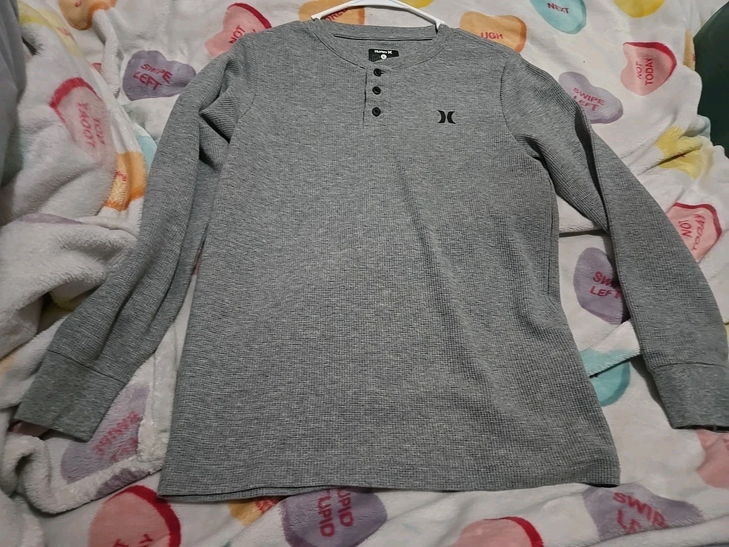 Hurley Youth Large Gray Waffle Knit Henley Long Sleeve Shirt