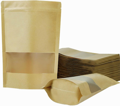 100 PCS Resealable Bags, Stand Up Kraft Paper Bags with Matte Window, Zipper Loc