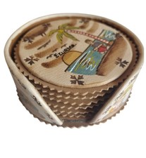 VTG 5 Ecuador Hand Painted Leather Decorative Beverage Coasters w-Holder 3.5"