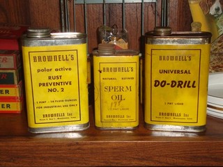 3 VINTAGE BROWNELLS INC GUNSMITHING OIL CANS GUN MACHINE HOUSEHOLD TIN CANS