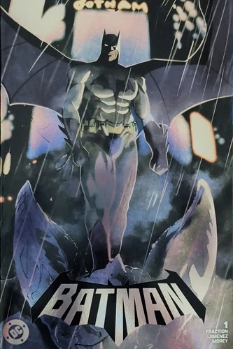 Batman #1 NYCC Exclusive cover by Nikolas Draper-Ivey with Batman in rain gear, large white “BATMAN” title.