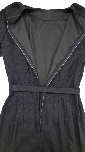 Vintage Black Dress Textured Long Sleeve Belt Handmade Goth Size Large Mourning - Picture 9 of 15